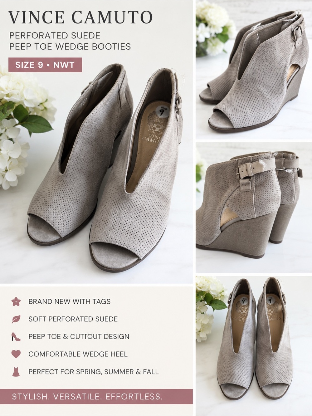 NWT Vince Camuto Gray Suede Peep Toe Wedge Booties Cutout Size 9
